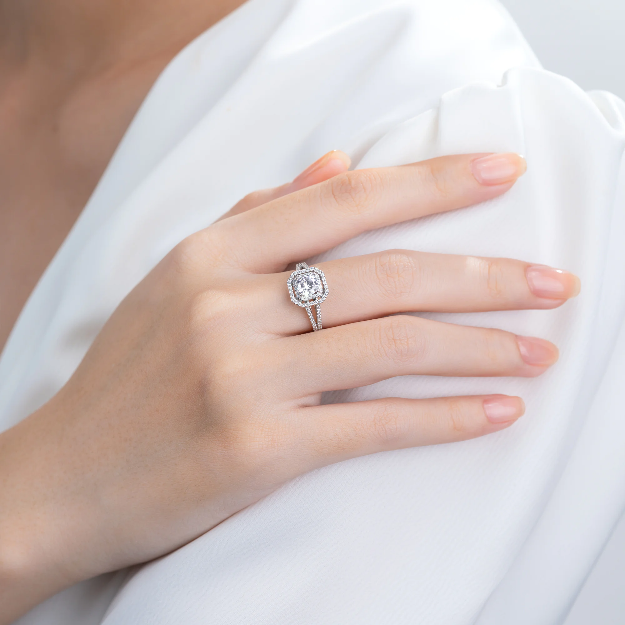 Double Halo Cushion Engagement Ring with Gaping Halo and Eternity Band NCH2303 6